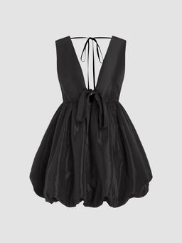 Cider - V-Neck Bowknot Tie Back Bubble Mini Dress