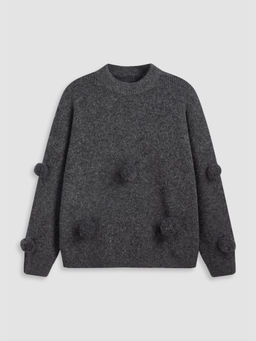 Cider - Round Neck Solid Knitted Top with Pom-Poms Curve & Plus