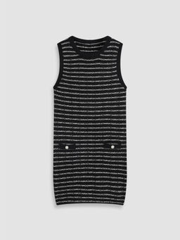 Cider - U-Neck Stripe Faux Pearl Knitted Vest Mini Dress