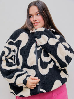 Cider - Fleece Collar Geometric Drawstring Jacket Curve & Plus