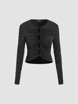 Cider - Round Neck Cut Out Ruched Long Sleeve Top