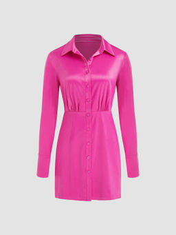 Cider - Satin Collar Button Long Sleeve Shirt Dress