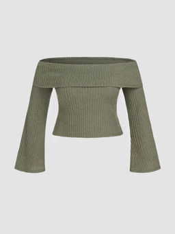 Cider - Off-Shoulder Solid Knitted Long Sleeve Top Curve & Plus