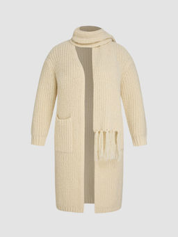 Cider - Wool-Blend Sweetheart Solid Pocket Long Cardigan with Scarf Curve & Plus