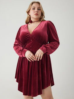 Cider - Velvet V-Neck Solid Mini Dress Curve & Plus