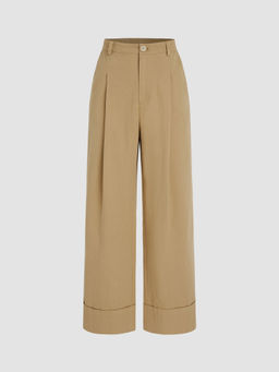 Cider - Middle Waist Solid Pleated Straight Leg Trousers