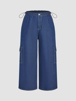 Cider - Denim Mid Waist Solid Drawstring Straight Leg Jeans Curve & Plus