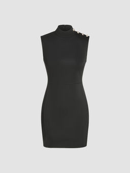 Cider - Stand Collar Solid Metallic Button Mini Dress