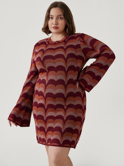 Cider - Knit Round Neckline Bell Sleeve Geometric Mini Dress Curve & Plus
