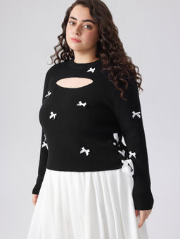 Cider - Knit Round Neckline Bowknot Cut Out Long Sleeve Top Curve & Plus