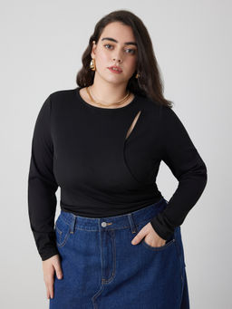 Cider - Round Neckline Solid Cut Out Tie Back Jersey Top Curve & Plus