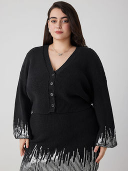 Cider - V-Neck Sequin Sleeve Button Cardigan Curve & Plus