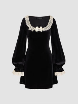 Cider - Velvet Scoop Neck Lace Bowknot Mini Dress ()