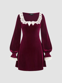 Cider - Velvet Scoop Neck Lace Bowknot Mini Dress