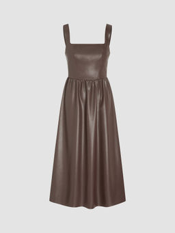 Cider - Faux Leather Square Neck Solid Ruffle Maxi Dress