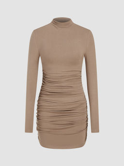 Cider - High Neck Solid Ruched Knitted Mini Dress
