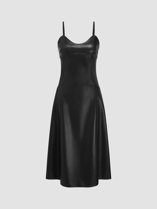 Buy Cider Faux Leather Round Neck Ruffle Maxi Dress (S) Online