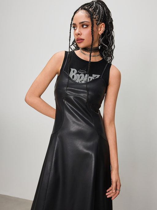 black leather off shoulder dress Black Off Shoulder Dress With Faux Leather