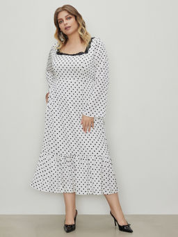 Cider - Square Neck Lace Trim Polka Dot Maxi Dress Curve & Plus
