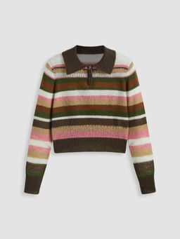 Cider - Polo Stripe Knitted Zipper Long Sleeve Crop Top