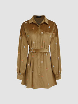 Cider - Corduroy Shirt Floral Embroidery Belted Mini Dress