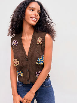 Cider - Knit V-Neck Retro Flower Crop Vest
