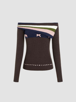 Cider - Off-Shoulder Bowknot Striped Knitted Top