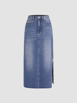 Cider - Denim Middle Waist Solid Split Midi Skirt