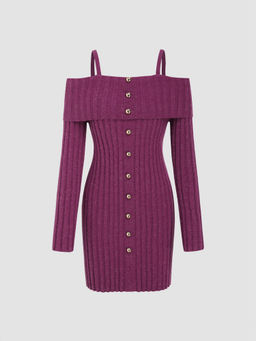 Cider - Knit Off-Shoulder Solid Button Mini Dress