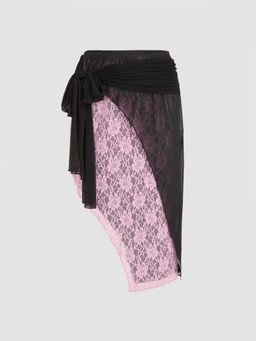 Cider - Middle Waist Lace Floral Bowknot Asymmetrical Midi Skirt