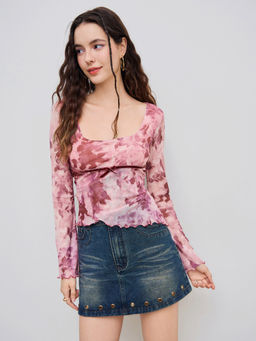 Cider - Mesh Square Neck Floral Wrap Long Sleeve Tee