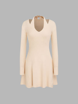 Cider - Halter V-Neck Knitted Ruffle Mini Dress