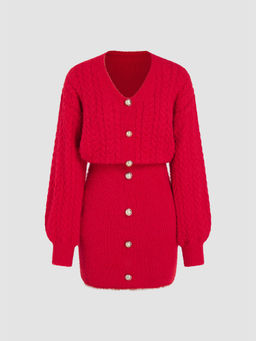 Cider - Cable Knit V-Neck Button Knitted Mini Dress