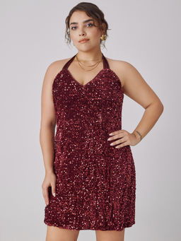 Cider - Sequin V-Neck Halter Mini Dress Curve & Plus