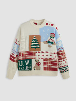 Cider - Round Neck Bear Graphic Knitted Long Sleeve Top Curve & Plus