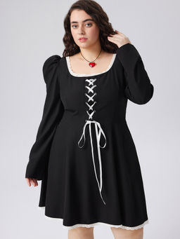 Cider - Square Neck Lace Up Puff Sleeve Ruffle Mini Dress Curve & Plus