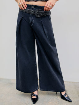 Cider - Denim Mid Waist Solid Button Wide Leg Jeans