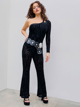 Cider - Asymmetrical Neck See-Through Zebra Stripe Flared Jumpsuit