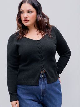 Cider - Knit V-Neck Solid Lace Up Top Curve & Plus