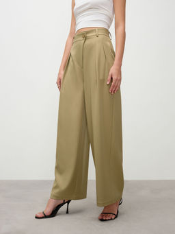 Cider - Mid Waist Solid Asymmetrical Pleated Wide Leg Trousers