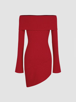 Cider - Rib Off-Shoulder Asymmetrical Bell Sleeve Mini Dress
