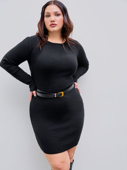 Cider - Round Neckline Solid Belted Mini Dress Curve & Plus