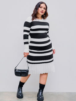 Cider - Knit Round Neck Stripe Midi Dress Curve & Plus