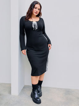Cider - Jersey Round Neckline Lace Up Midi Dress Curve & Plus