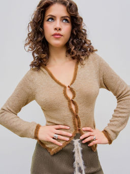 Cider - Knitted Fuzzy Contrasting Binding Hooded Cardigan