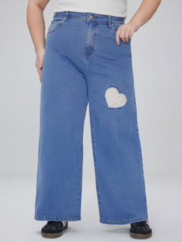 Cider - Denim Mid Rise Heart Wide Leg Jeans Curve & Plus