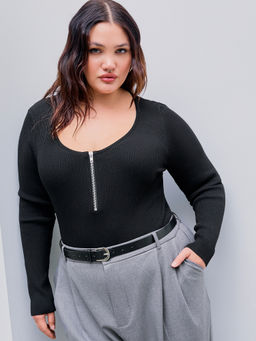 Cider - Knit Square Neck Zipper Solid Long Sleeve Top Curve & Plus
