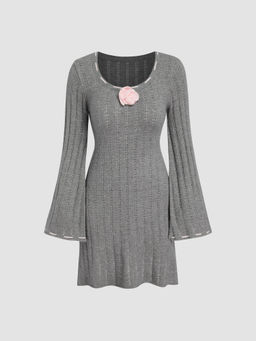 Cider - Knitted Rosette Scoop Neck Mini Dress