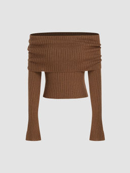 Cider - Off-Shoulder Knitted Ruched Bell Sleeve Top