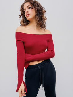 Cider - Off-Shoulder Ripped Knitted Bell Sleeve Top